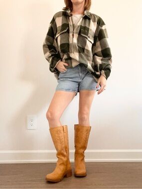 L.L. Bean Signature Olive & Cream Buffalo-Check Flannel Top